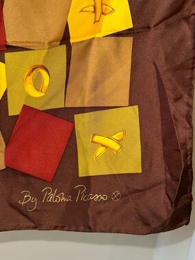 Vintage Paloma Picasso Silk Square Scarf Brown Yellow Red Geometric Art (T & Co)